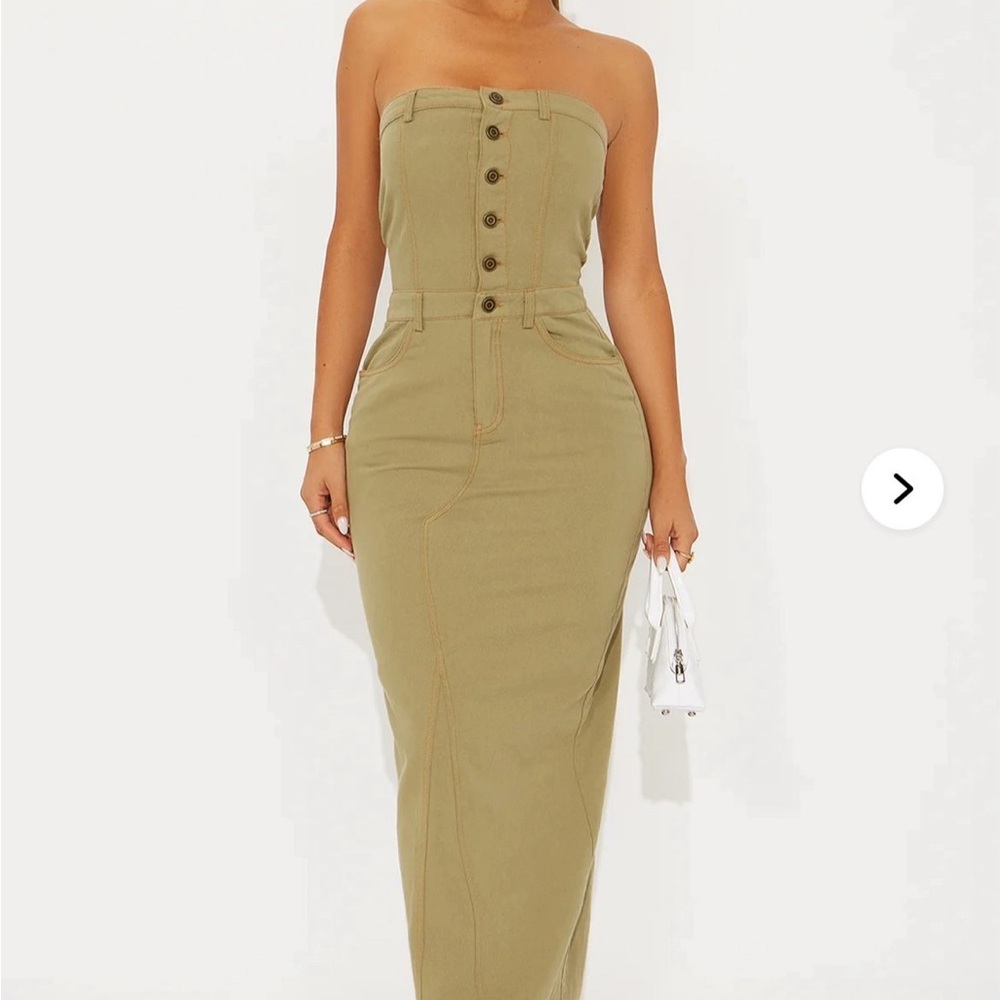 Fashion Nova Strapless Olive Button-Front Sweet Saturday Twill Maxi Dress